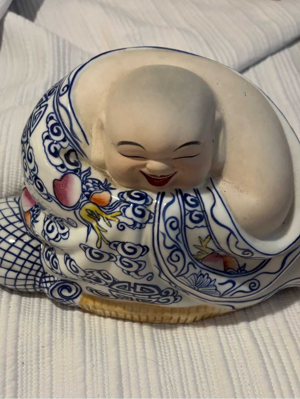 Blue & White Ceramic Laughing Buddha Figurine with Floral Accents - Picture 2 of 5